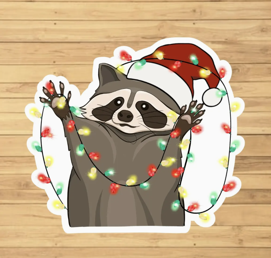 Christmas Raccoon with String Lights Sticker